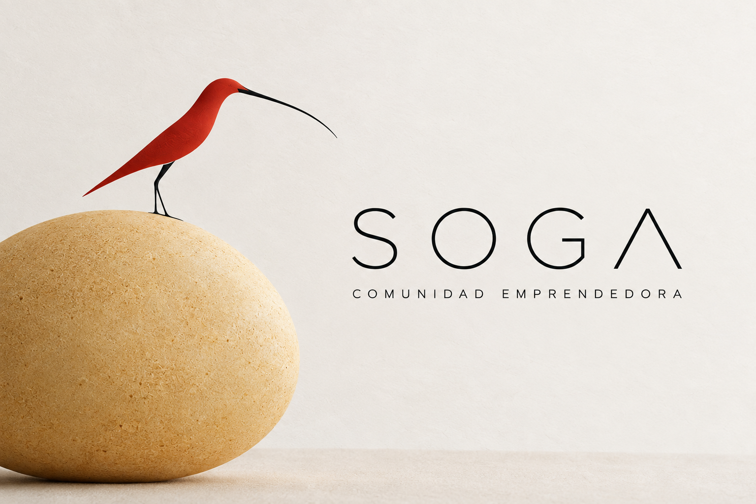 SOGA Comunidad Emprendedora, pájaro rojo posado sobre una forma de arena